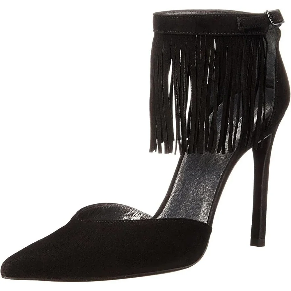 Stuart Weitzman Fringelica Black Suede Pump Point Toe Fringe Slim Heel A…